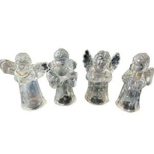 LOT OF 4 CRYSTAL CLEAR GLASS ANGEL CAROLERS SINGLE TAPER CANDLE HOLDER